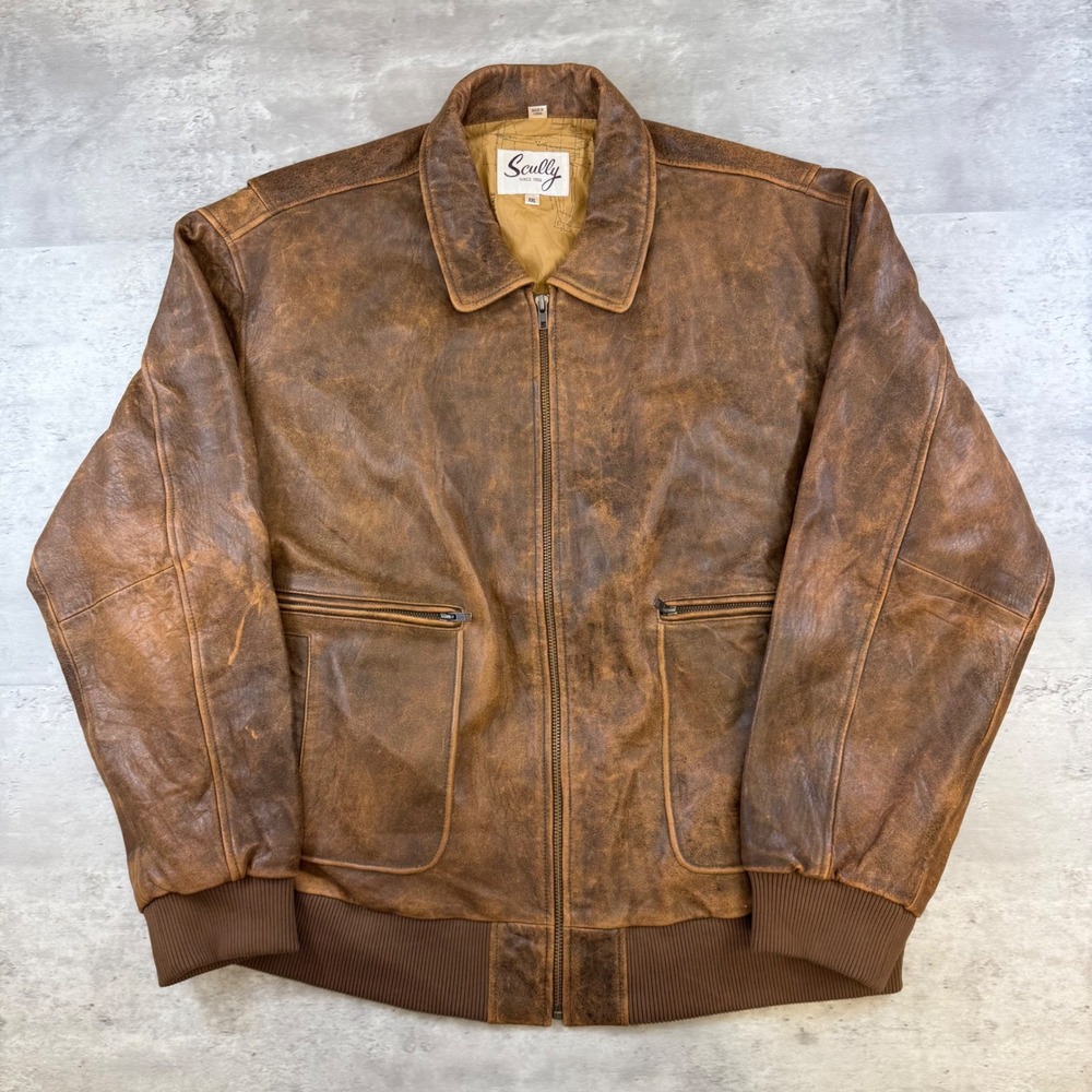 Scully Mens Distressed Brown Leather Bomber Jacket Map Print Lining XXL